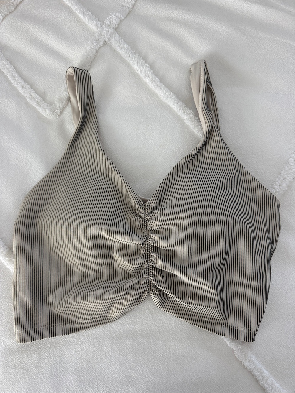 aerie Taupe and Black Pinstripe V-Neck Workout Ruched Top
